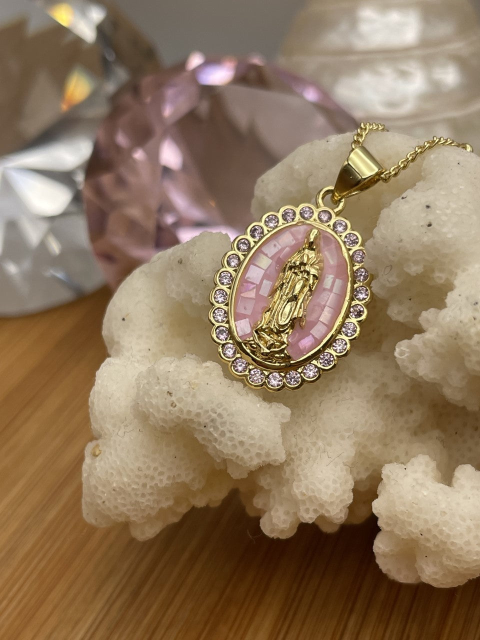 Pink Shell Virgin Mary Necklace